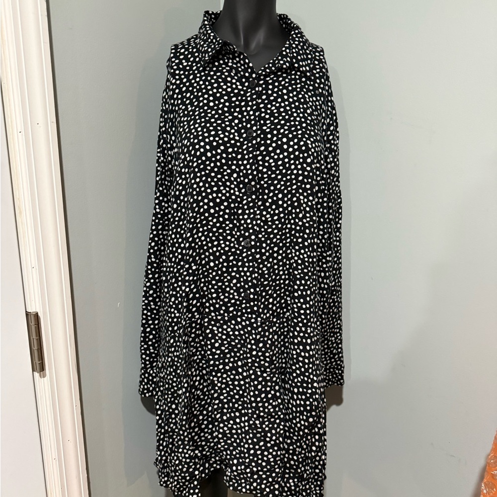 Primark Black and White Spot Print Long Sleeve Shirt Dress